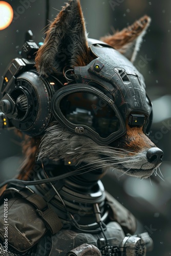 Close-up of a 3D robotic fox in war, portrayed in a dark, foreboding way