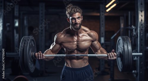 Muscular Man Lifting Barbell in Gym