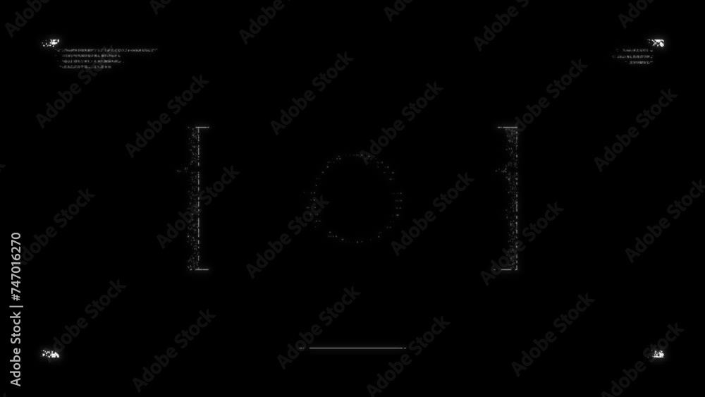 Futuristic glitchy HUD aim. Cyberpunk style HUD screen. Tech user interface hologram screen for game, movie, sci-fi, drone footage, VR etc. Video overlay template. Cyber, tech concept.