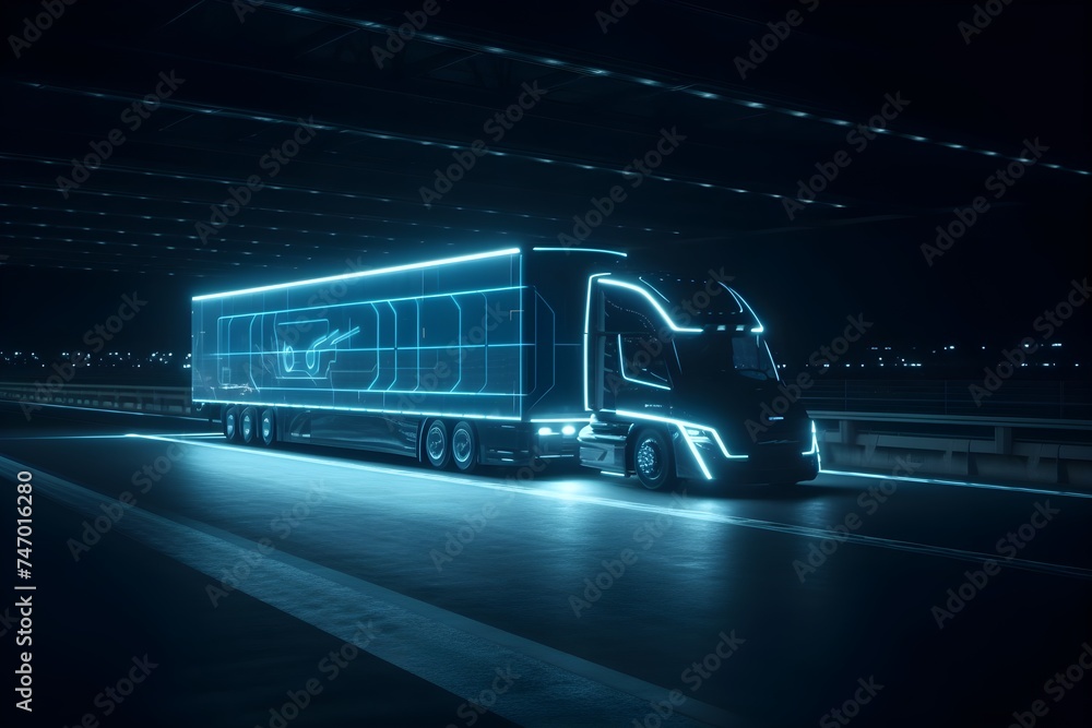 Autonomous semi truck with cargo trailer driving at night on the road while sensors scan the surroundings is a futuristic technology concept. Effects of Self Driving Truck on Freeway Digitalization