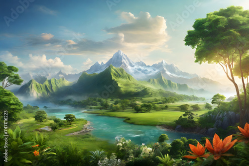 Paints a picture of nature’s symphony with its vibrant depiction of a green environment, complete with flowers, mountains, and a serene lake representing our planet’s biodiversity.