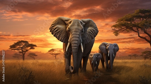 Herd of Elephants Trekking Across the Savanna