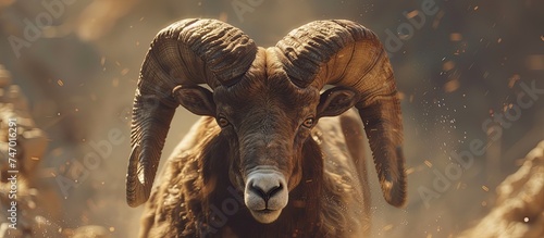 A majestic ram with large horns stands tall in a rugged rocky area, exuding strength and dominance in its natural habitat. The bighorn is captured in a powerful stance, showcasing its impressive