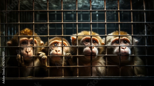 monkey in zoo or laboratory in cage. abe behind bars photo