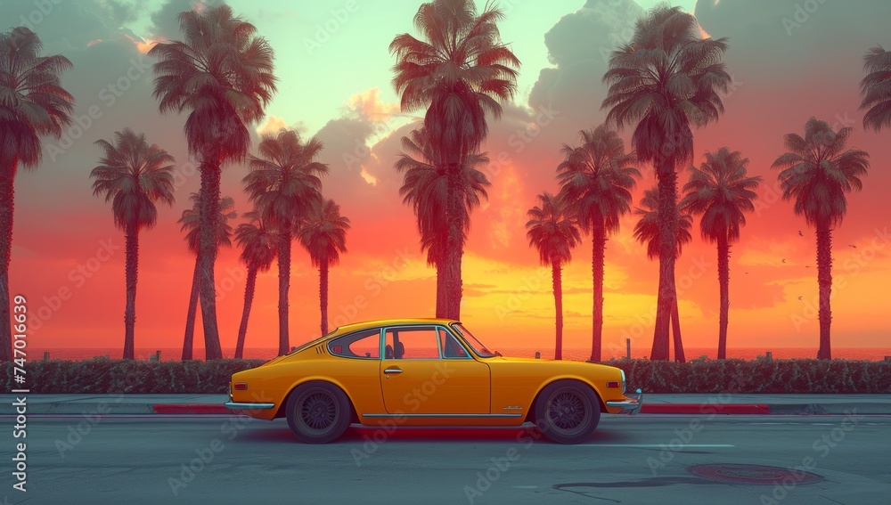 Classic car on road at sunset, palm trees and ocean view.