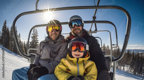 Family Taking Selfie on Ski Lift in Mountains