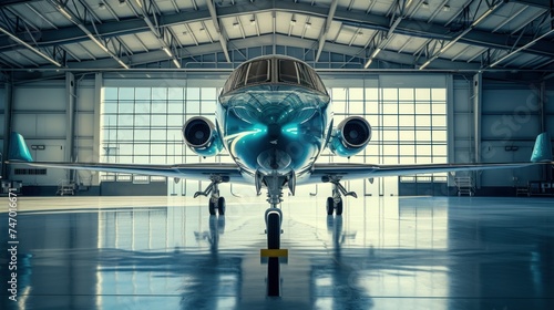 Business jet airplane is in airport hangar