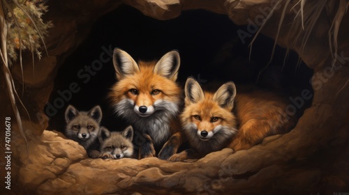 Family of Foxes in a Cozy Den © Polypicsell