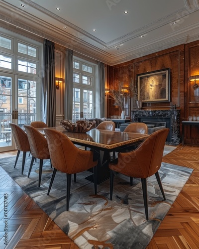 A luxurious dining room featuring a grand wooden table  complemented by leather chairs and a stately fireplace  set against intricately paneled wood walls