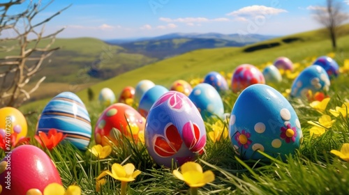 Colorful Easter Eggs Hidden in Spring Meadow