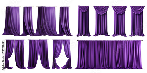 Collection of purple curtain isolated on a white background as transparent PNG
