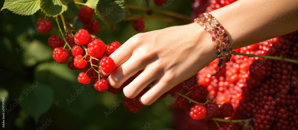 A close-up view of a person delicately holding a bunch of summer red berries in their hands, balancing them on their fingertips for a summery delight. A close-up view of a person delicately holding a bunch of summer red berries in their hands, balancing them on their fingertips for a summery delight.