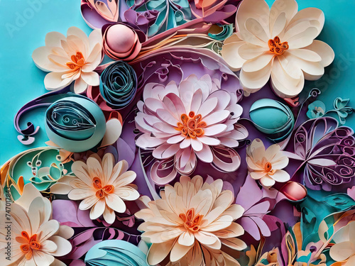 Paper flowers and eggs as a background. Easter background. Top view.