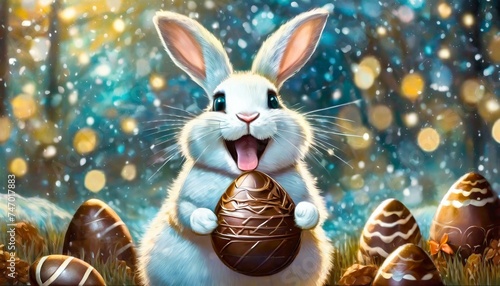 Ilustração de um coelhinho da páscoa segurando um ovo de páscoa de chocolate.  photo