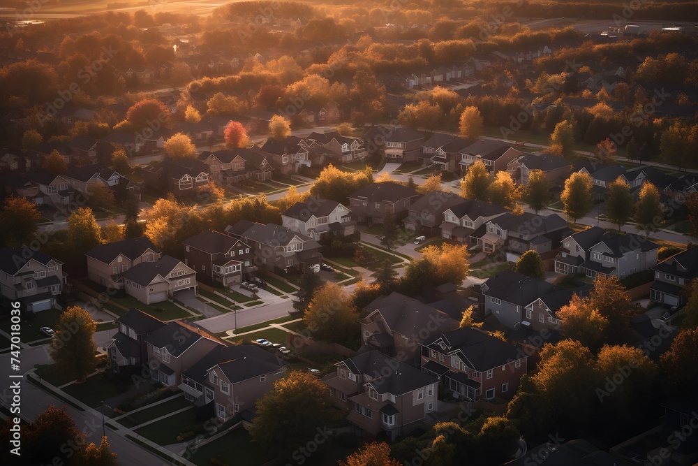 suburbs neigbourhood at sunrise, optimistic and bright