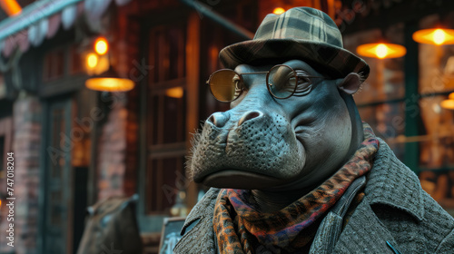 Fashionable hippopotamus graces city streets in tailored elegance  epitomizing street style. The realistic urban backdrop frames this large mammal  seamlessly merging aquatic allure with contemporary 