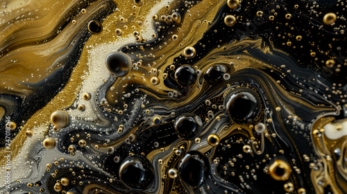 Macro shot of golden bubbles emerging from a viscous black fluid, creating a mesmerizing abstract texture. © Paphawin