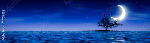 The crescent moon glows brightly  blue in tone  in the dark blue sky. Stars twinkle in the sky. A large leafless tree on a small island in the sea. 3D Rendering.