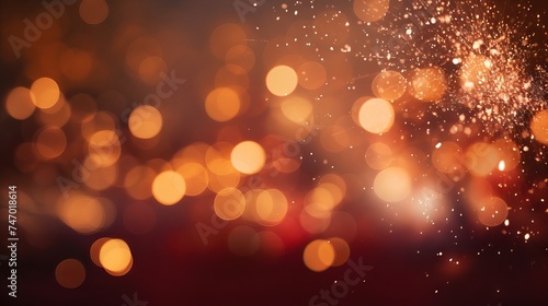 New year’s eve fireworks and bokeh in gold and dark red colors with copy space. Abstract holiday background.