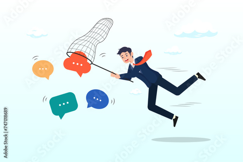 Businessman catching dialog speech bubble, requirement gathering, catch up meeting summary, client or customer opinion, conversation, effective communication or message and conversation (Vector)
