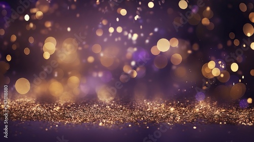 New year celebration with gold and violet fireworks and bokeh effect. Abstract holiday background with copy space.