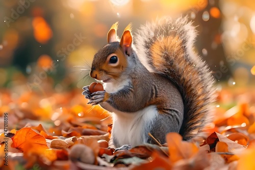 A squirrel nibbles on a nut amidst a carpet of autumn leaves, soft sunlight highlighting its fur, capturing a moment of simplicity and survival.