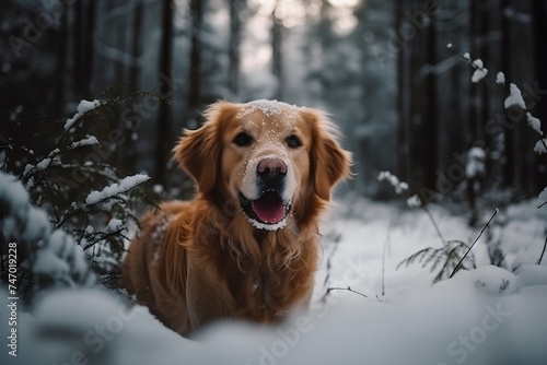 Golden Retriever playing in a snowy forest