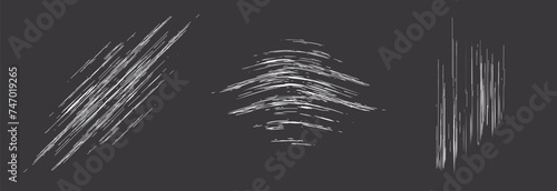 Scratch texture element vector graphic set, scribble scrape effect overlay white on black dark background, grunge abrasion drawn strokes scrawl image clipart photo
