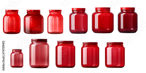 Collection of empty red glass jar isolated on a white background as transparent PNG