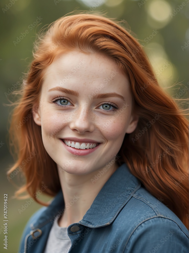 Outdoor natural portrait of a great looking red head young female model smiling looking at camera from Generative AI Outdoor natural portrait of a great looking red head young female model smiling looking at camera from Generative AI