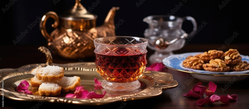 A glass of tea sits next to a plate of cookies, showcasing the perfect pairing of traditional Turkish dessert TULUMB with rich traditional Turkish tea. A glass of tea sits next to a plate of cookies, showcasing the perfect pairing of traditional Turkish dessert TULUMB with rich traditional Turkish tea.