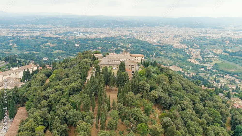 Florence, Italy. Convent San Francesco. Nunnery on mountain. Summer, Aerial View