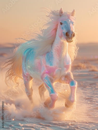 A glittering unicorn prancing in freshness of a snow-covered landscape under the delicate pink sky