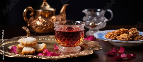 A glass of tea sits next to a plate of cookies, showcasing the perfect pairing of traditional Turkish dessert TULUMB with rich traditional Turkish tea.
