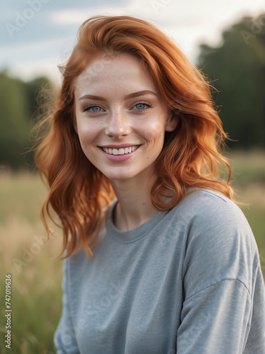 Outdoor natural portrait of a great looking red head young female model smiling looking at camera from Generative AI