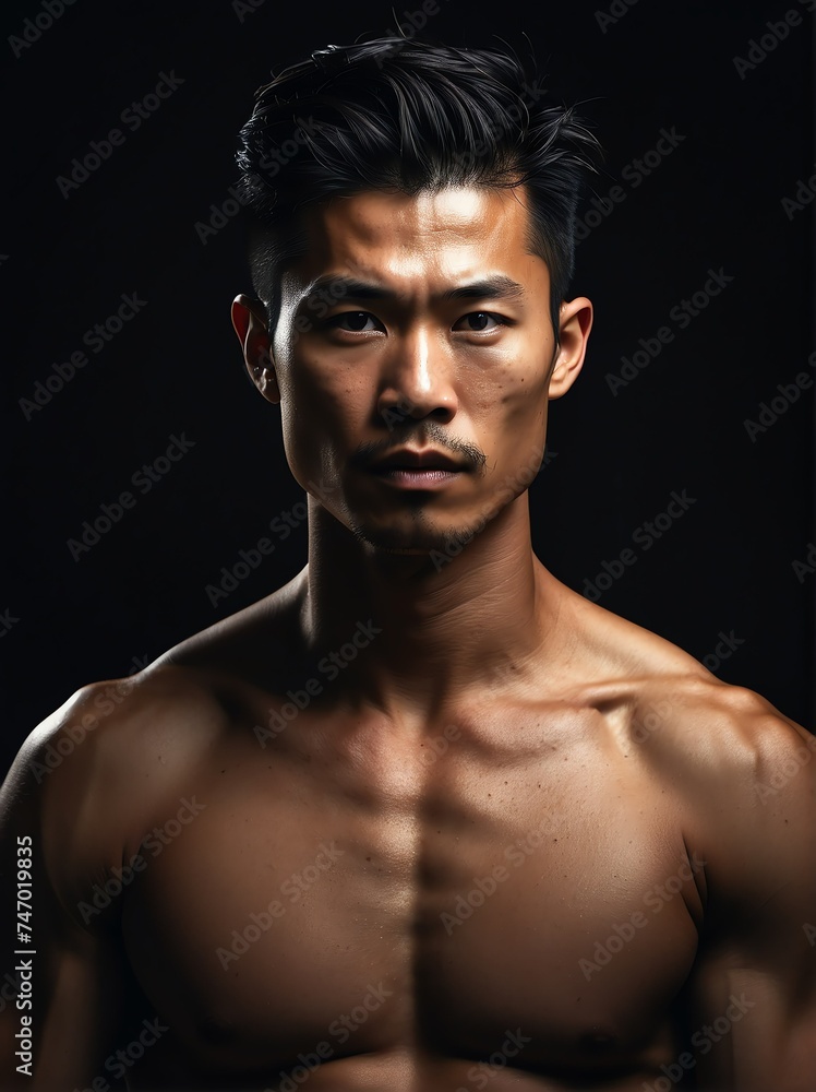 Portrait of a shirtless muscular upper body of chinese male model in plain black background from Generative AI