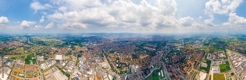 Turin, Italy. Panorama of the city in summer. Industrial and residential areas. Fields. Panorama 360. Aerial view