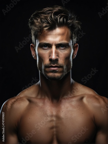 Portrait of a shirtless muscular upper body of caucasian male model in plain black background from Generative AI