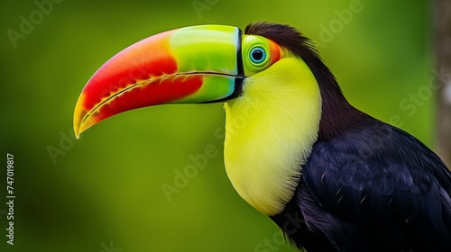 Close-up of a colorful keel-billed toucan, a tropical bird with a rainbow bill, perched on a branch in the rainforest
