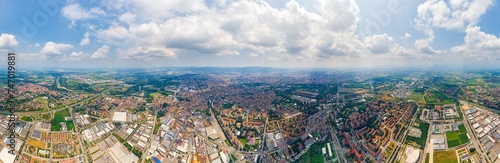 Turin, Italy. Panorama of the city in summer. Industrial and residential areas. Fields. Panorama 360. Aerial view