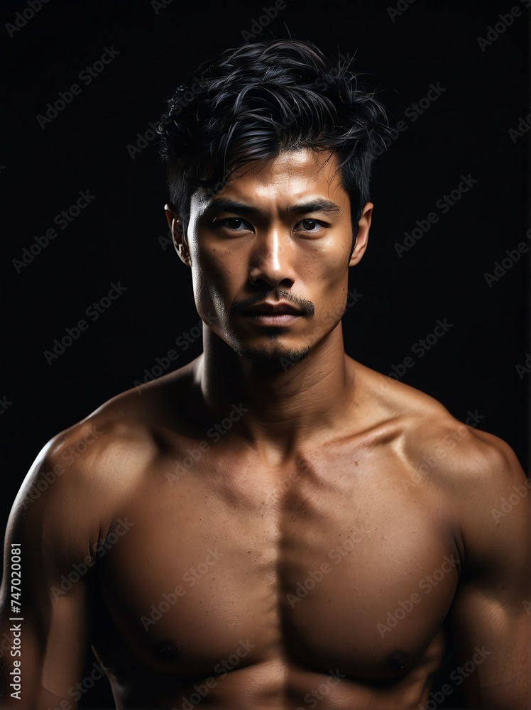 Portrait of a shirtless muscular upper body of japanese male model in plain black background from Generative AI Portrait of a shirtless muscular upper body of japanese male model in plain black background from Generative AI