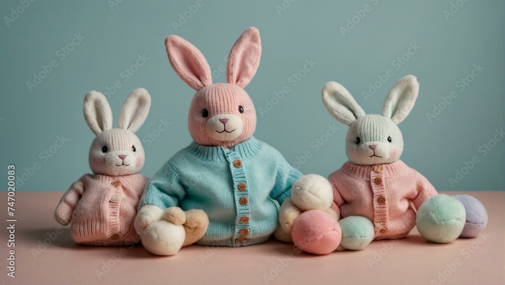 Obraz premium Three adorable plush bunny toys dressed in pastel knitwear sitting on a soft surface, invoking feelings of warmth and childhood nostalgia