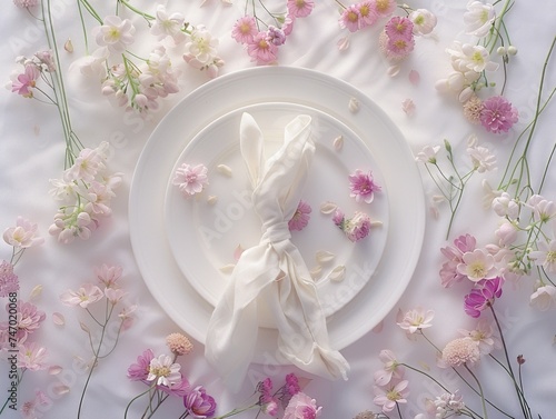 A pristine white table setting with a knotted napkin, surrounded by soft pink and white flowers spread elegantly