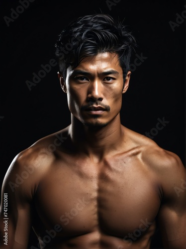 Portrait of a shirtless muscular upper body of japanese male model in plain black background from Generative AI