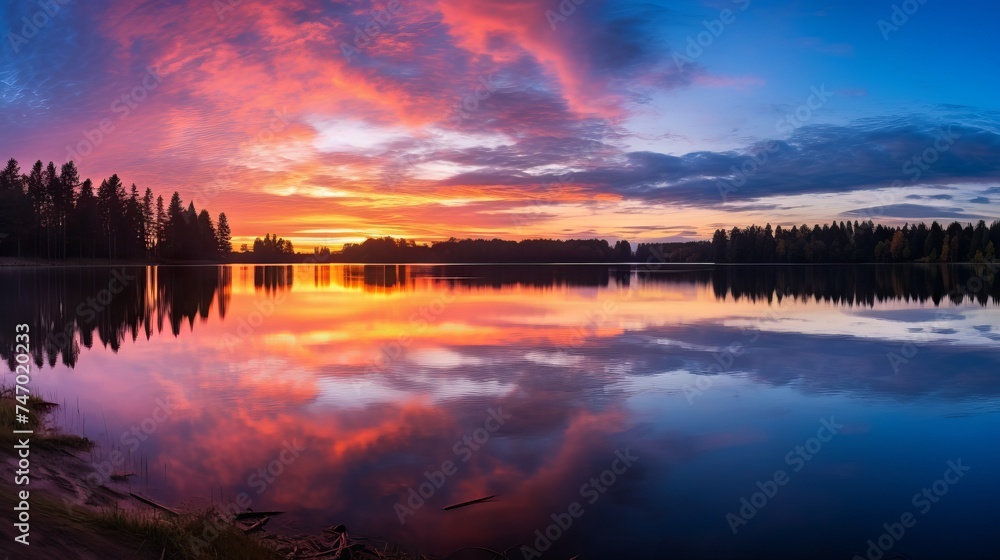 Panorama of beautiful sunrise over lake with colorful sky and reflection on water