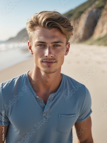 Portrait of caucasian young male model on the beach summer love, romance and a happy ad lifestyle concept from Generative AI