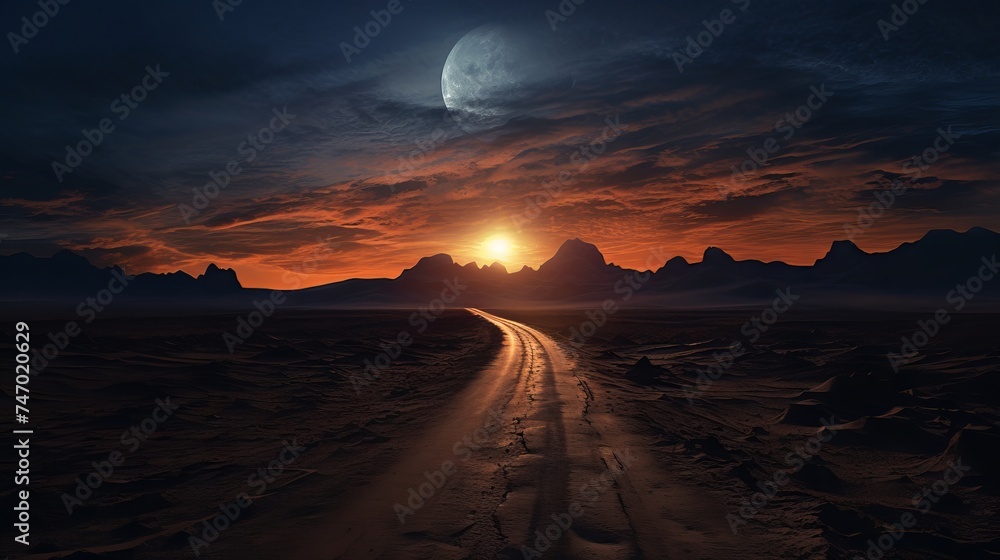 Road to the moon in the desert: A surreal landscape of a highway leading to a full moon over a barren desert at night