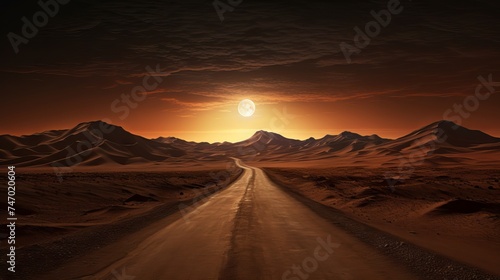 Road to the moon in the desert: A surreal landscape of a highway leading to a full moon over a barren desert at night photo