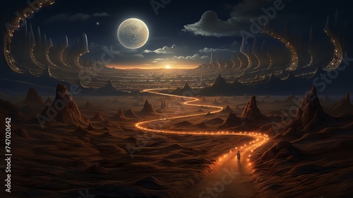 Road to the moon in the desert: A surreal landscape of a highway leading to a full moon over a barren desert at night