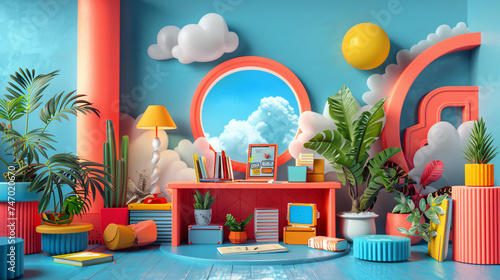A surreal room with bright colors and cartoonish elements including plants, a lamp, books, and clouds
